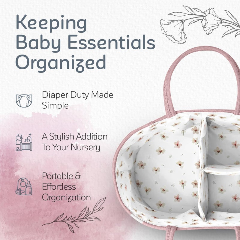 KiddyCare Diaper Caddy Organizer for Baby Nursery Basket with Handle Lid Nursing Caddy with Changing Table Organizer Cart Newborn Caddy Rosy (Floral Print) X-Large - Image 2