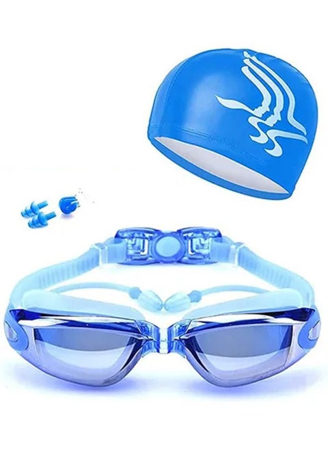 ROCK POW Swimming Goggles, Mirrored Swim Goggles No Leaking Anti Fog UV Protection Wide View Lens Triathlon Swim Goggles with Free Protection Case Waterproof Swimming Goggles Set 4in1 with Swimming Cap, Nose Plugs, Ear Plugs for Adult Men Women Youth Kids Child Blue