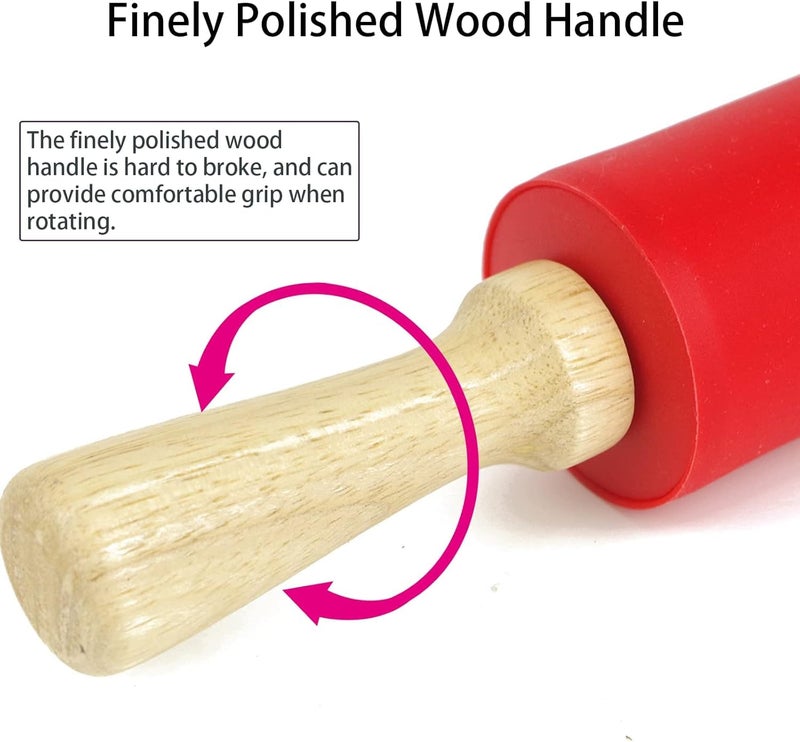 Curated Cart Silicone Rolling Pin with Non-Stick Surface & Wooden Handle, Large 15 Inch Baking Tool for Pastry, Fondant, Pizza, Mini Roller & Chapati Accessories - Ideal for Baking (Red Color) - Image 3