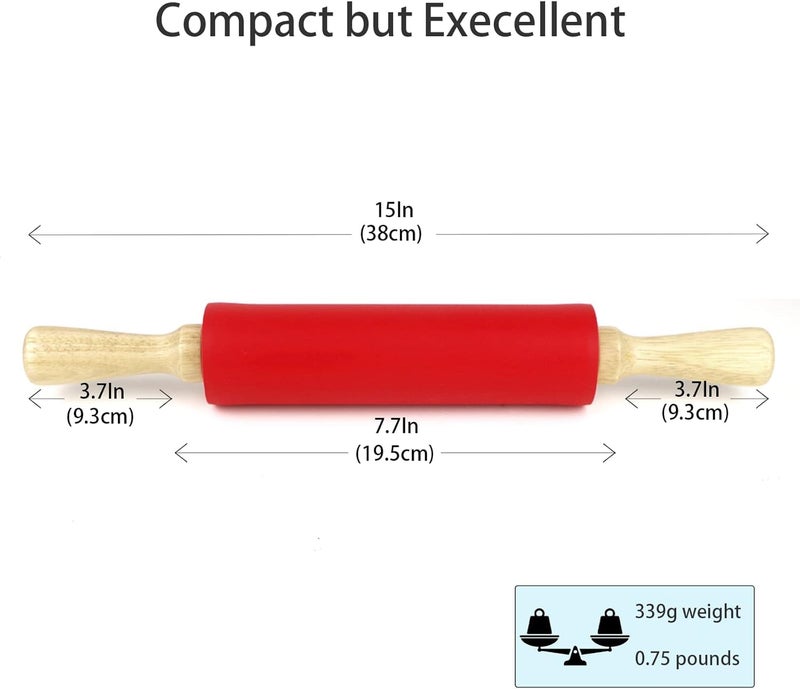 Curated Cart Silicone Rolling Pin with Non-Stick Surface & Wooden Handle, Large 15 Inch Baking Tool for Pastry, Fondant, Pizza, Mini Roller & Chapati Accessories - Ideal for Baking (Red Color) - Image 2