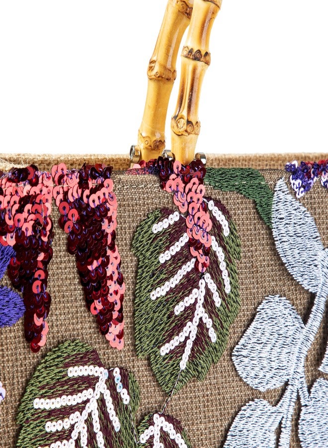 Abvokury Bamboo Handle Sequin Embroidered Floral Tote Bag Evening Handbag for Wedding Party (Red) - Image 3