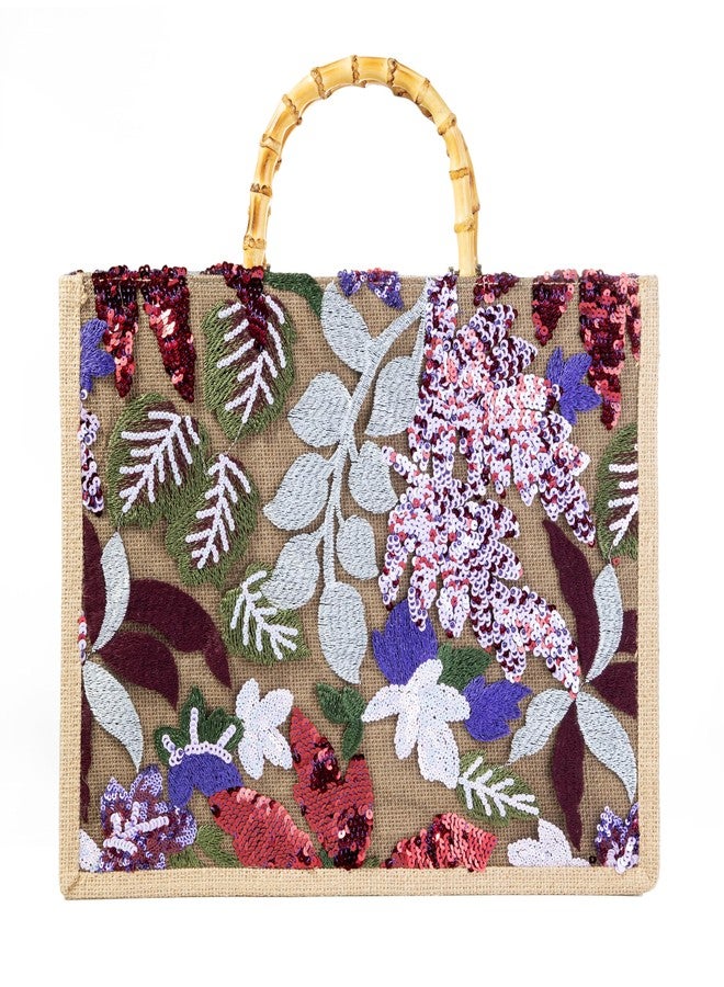 Abvokury Bamboo Handle Sequin Embroidered Floral Tote Bag Evening Handbag for Wedding Party (Red) - Image 1