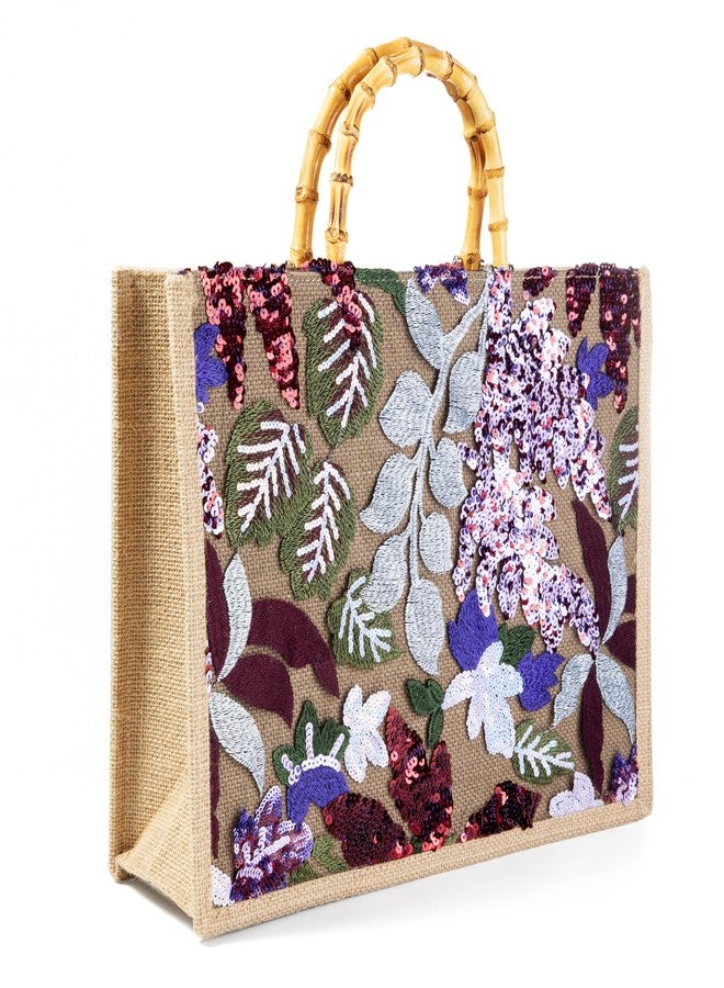 Abvokury Bamboo Handle Sequin Embroidered Floral Tote Bag Evening Handbag for Wedding Party (Red) - Image 2