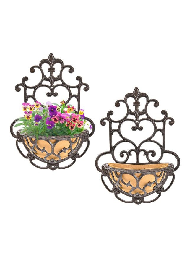 Sungmor 2 Pack Wall Hanging Planter Basket with Fabric Liner, Antique Victoria Style Cast Iron Wall Planter Holder, Outdoor Railing Fence Balcony Metal Hanging Basket Half Round Flower Pots - Image 1
