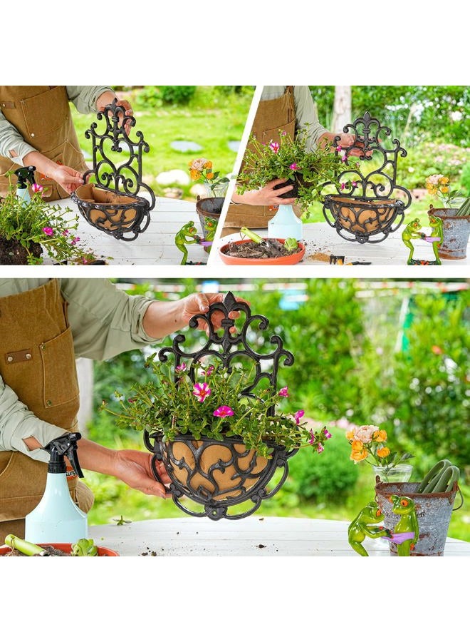 Sungmor 2 Pack Wall Hanging Planter Basket with Fabric Liner, Antique Victoria Style Cast Iron Wall Planter Holder, Outdoor Railing Fence Balcony Metal Hanging Basket Half Round Flower Pots - Image 4