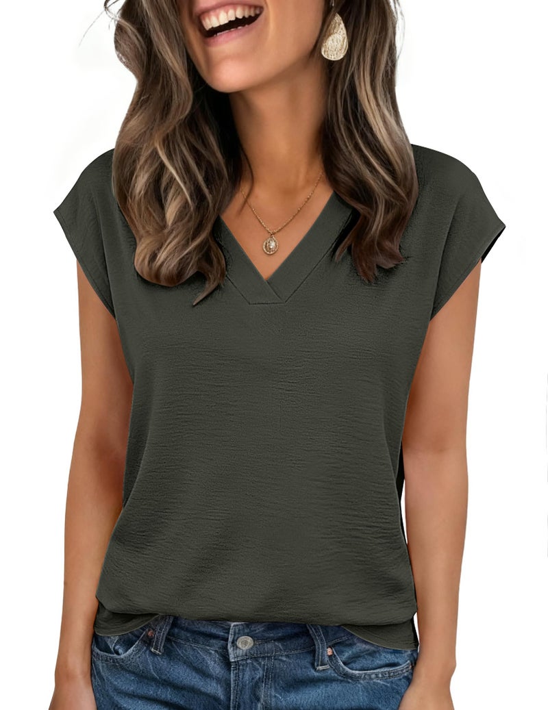 Zeagoo Summer Tops for Women Cap Short Sleeve Blouses Business Casual Outfits V Neck Work Shirts Army Green - Image 1