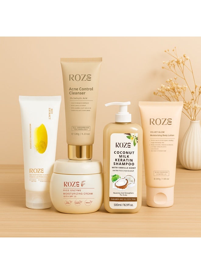 Roze Family Pack – Cleanser | Moisturizer | Shampoo | Acne Cleanser | Body Lotion| Lip Balm - Image 1