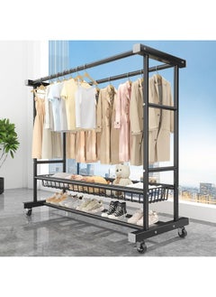 Generic Thickened Double-Layer Coat Rack Floor Drying Rack Bedroom Household Removable Hanger Clothes And Shoes Storage Rack-Color:Modern And Simple Style-black_ Single Layer 80+ Wheels  - Image 4