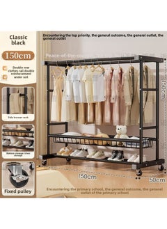 Generic Thickened Double-Layer Coat Rack Floor Drying Rack Bedroom Household Removable Hanger Clothes And Shoes Storage Rack-Color:Modern And Simple Style-black_ Single Layer 80+ Wheels  - Image 1
