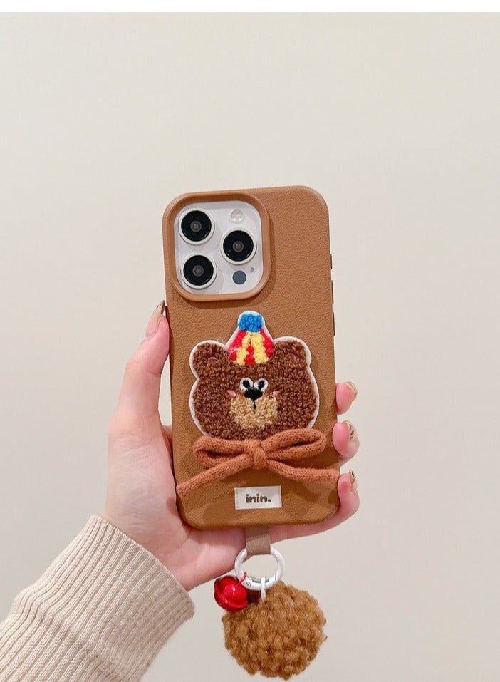 NIBEMINENT Bows And Ribbons Embroidery Protective TPU Case Cover For iPhone 16 Plus, Brown Furry Bear With Red Bell With Red Pom Pom