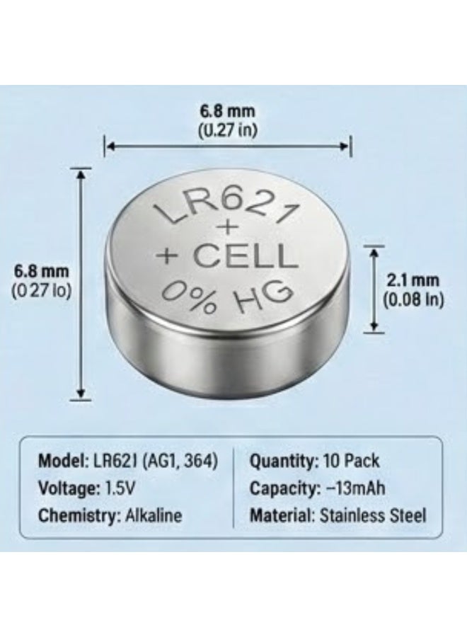 بطارية زر قلوية AG1 / LR621 / 364 (عبوة 10) - 1.5 فولت، 0% زئبق للطائرات والساعات والآلات الحاسبة والأجهزة الكهربائية الصغيرة - Image 4