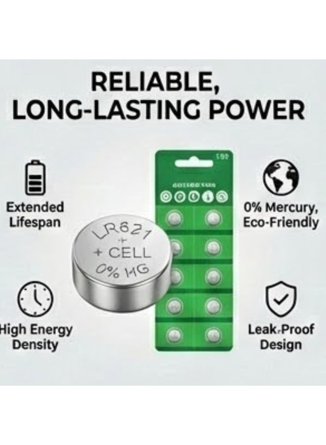 بطارية زر قلوية AG1 / LR621 / 364 (عبوة 10) - 1.5 فولت، 0% زئبق للطائرات والساعات والآلات الحاسبة والأجهزة الكهربائية الصغيرة - Image 2