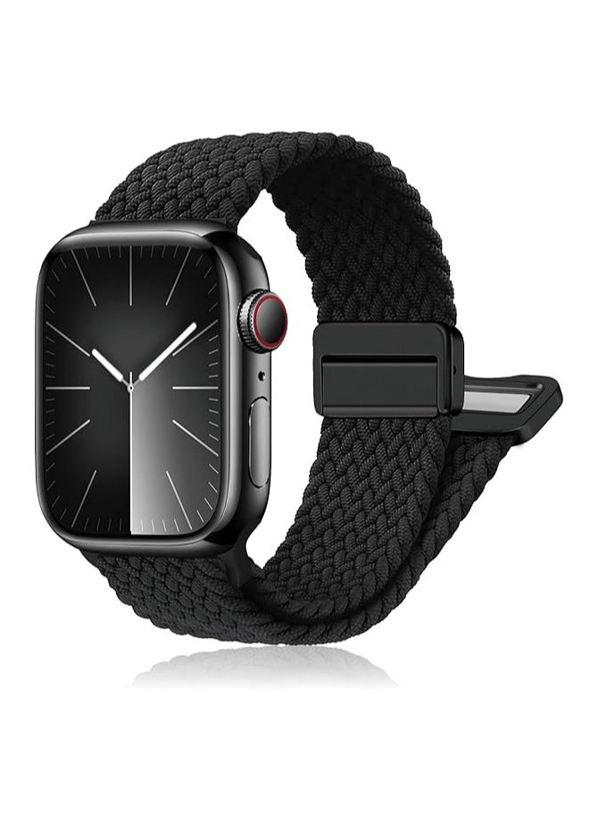 Generic Magnetic Braided Solo Loop Band Compatible with Apple Watch Series 10 49mm 46mm 45mm 44mm 42mm for Women Men, Stretchy Nylon Elastic Sport Strap-Black  - Image 1