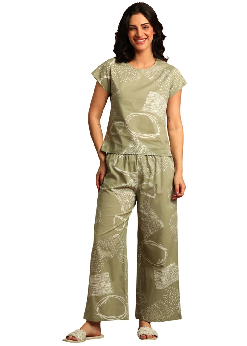 Yash Gallery Women's Cotton Cambric Printed Night Suit Set – Half Sleeve Top & Pajama | Loungewear & Sleepwear Set (Green) - Image 1