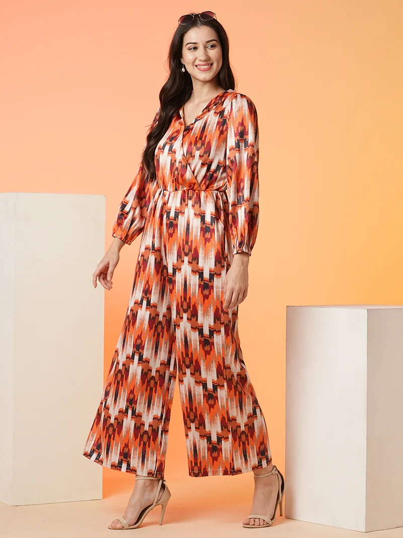 globus Women White & Orange Printed V-Neck Basic Jumpsuit