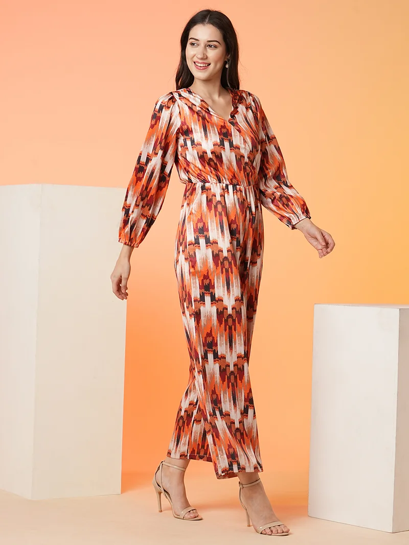 globus Women White & Orange Printed V-Neck Basic Jumpsuit