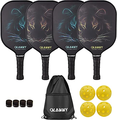 OLANNY Pickle Ball Raquette Set of 4 Lightweight Pickleball Paddle Set Premium Comfort Grip Polymer Honeycomb Core Set of Four Paddles,4 Replacement Soft Grip,4 Balls & Drawstring Bag - Image 1