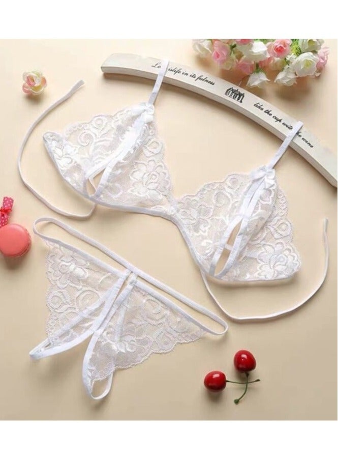 رويس طقم ملابس داخلية من 3 قطع للنساء طقم من قطعتين مربوط بالدانتيل سراويل داخلية شفافة من الشبك، أبيض - Image 1