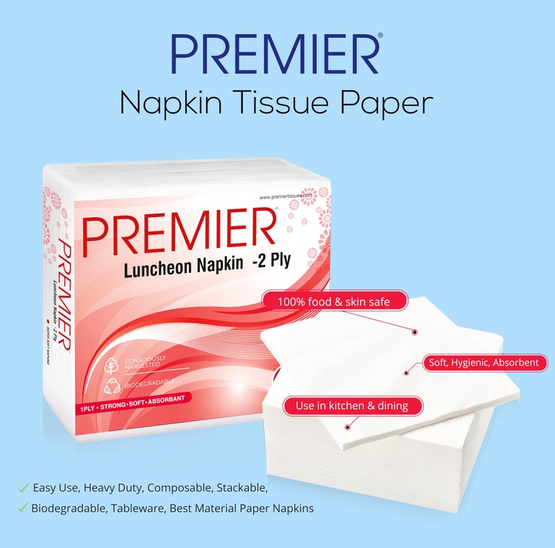 Premier Luncheon Tissue Paper Napkins (100 Pulls) | 50 Pulls x 2 Pack | 2-ply Absorbent & Disposable Table Napkins | Hygienic & Durable, Ideal for Dining, Parties & Everyday Use - Image 2
