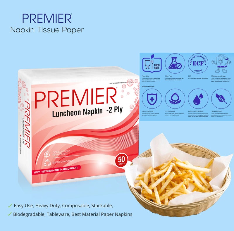 Premier Luncheon Tissue Paper Napkins (100 Pulls) | 50 Pulls x 2 Pack | 2-ply Absorbent & Disposable Table Napkins | Hygienic & Durable, Ideal for Dining, Parties & Everyday Use - Image 3