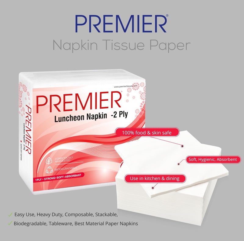 Premier Luncheon Tissue Paper Napkins (100 Pulls) | 50 Pulls x 2 Pack | 2-ply Absorbent & Disposable Table Napkins | Hygienic & Durable, Ideal for Dining, Parties & Everyday Use - Image 4