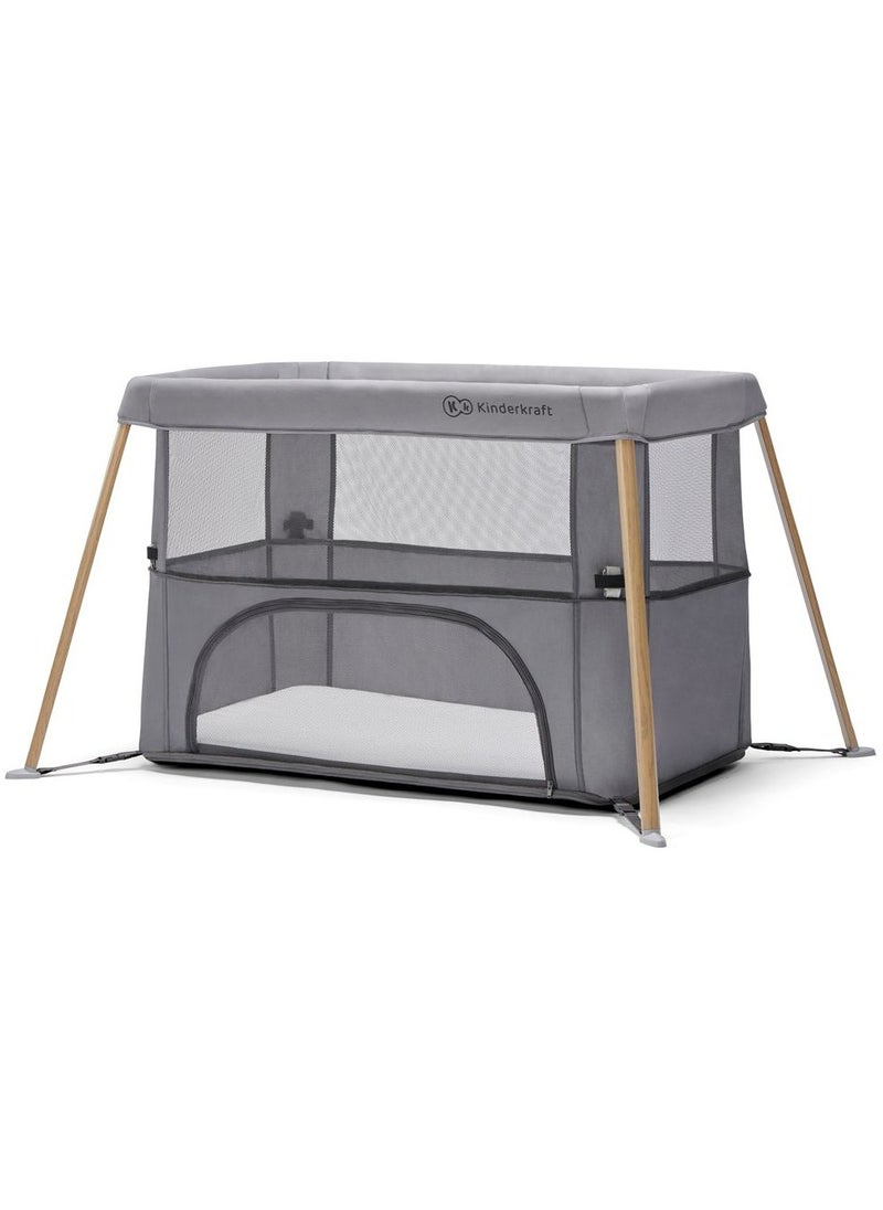 Kinderkraft Movi Travel Cot - Grey & Wood  - Image 1