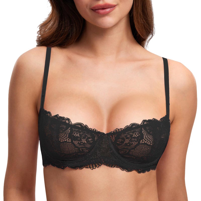 DOBREVA Women's Unlined Balconette Bra Sexy Lace Sheer Underwire Large Breasts Demi Cup Black 36C - Image 1