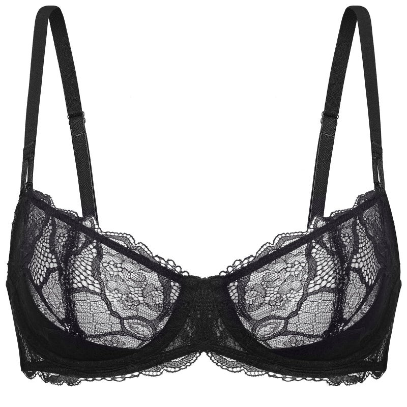 DOBREVA Women's Unlined Balconette Bra Sexy Lace Sheer Underwire Large Breasts Demi Cup Black 36C - Image 2