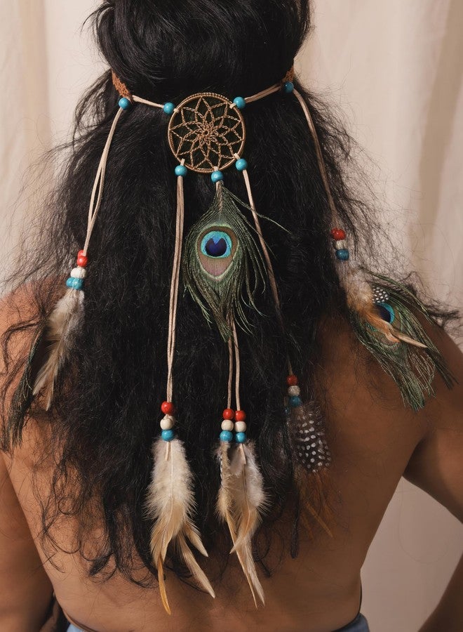 MINACHI Peacock Feather Headdress, Headband with Dreamcatcher and Beads, Women's Bohemian Hair Accessory - Image 5