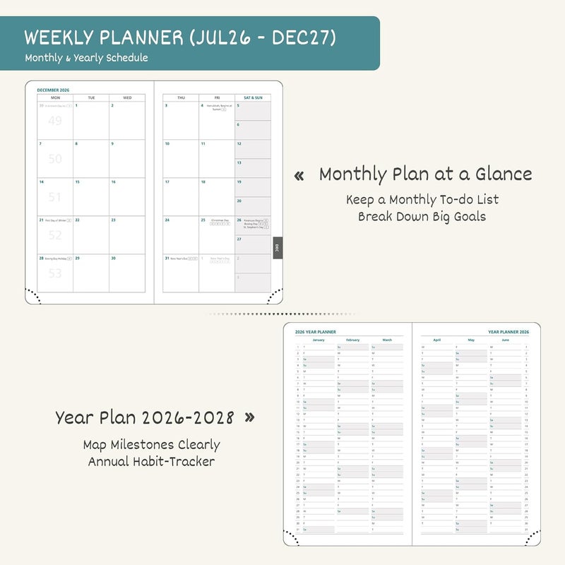 BEZEND Pocket Planner 2026 2027 Weekly and Monthly (3.5" x 6") Academic Year Calendar (Jul 26-Dec 27) for Purse, Small Daily Planner, Thick Paper, Storage Pocket, Leather Hardcover - Red - Image 3