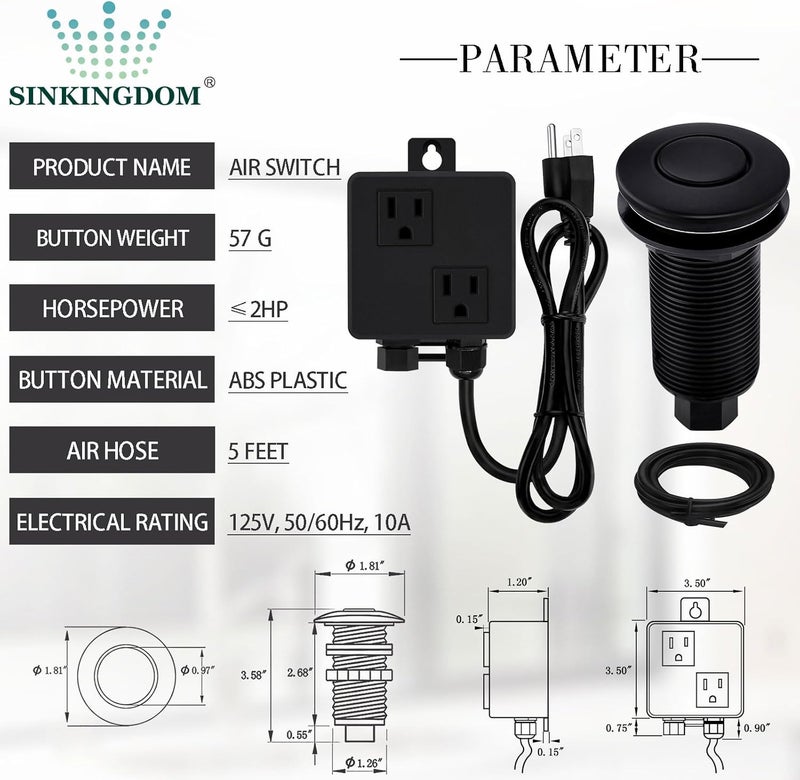 SINKINGDOM Garbage Disposal Air Switch Kit Sink Top with Long Button,Matte Black(Brass cover) - Image 2