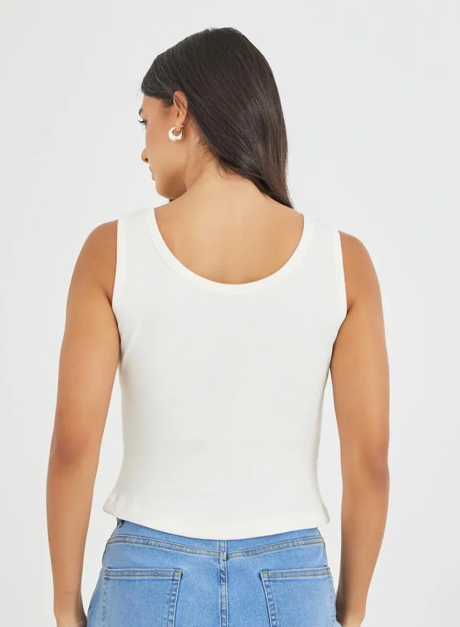 Styli Styli Slogan Embroidered Ribbed Fitted Tank Top with Rhinestone Detail
