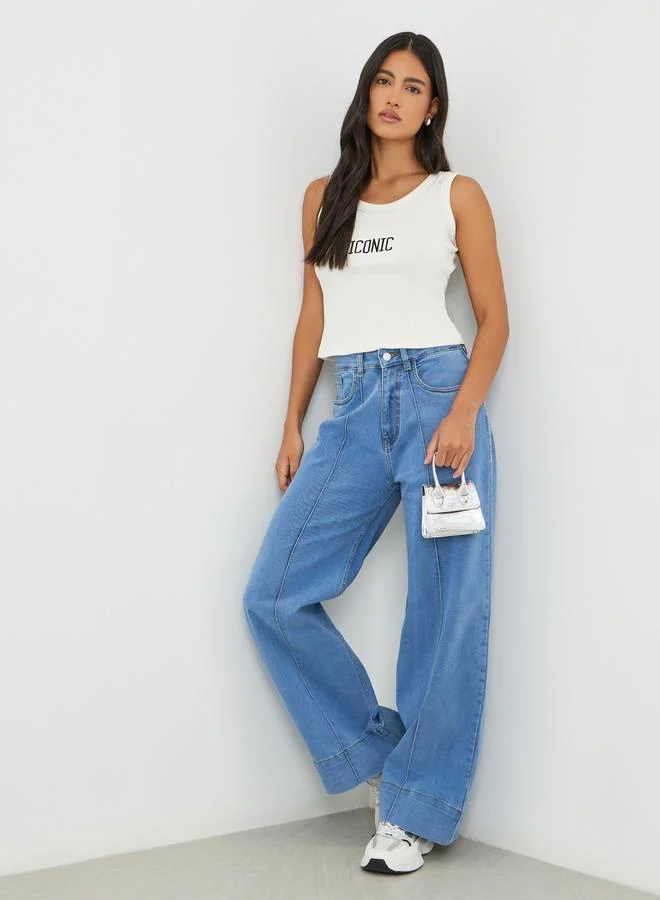 Styli Styli Slogan Embroidered Ribbed Fitted Tank Top with Rhinestone Detail