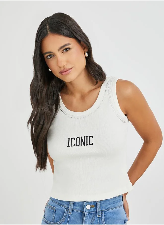 ستايلي Styli Slogan Embroidered Ribbed Fitted Tank Top with Rhinestone Detail