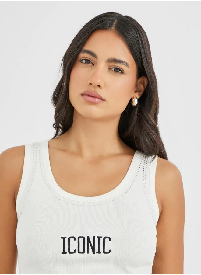 ستايلي Styli Slogan Embroidered Ribbed Fitted Tank Top with Rhinestone Detail