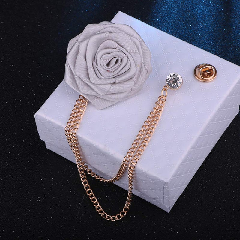 MXUHUI Fashion Bridegroom Wedding Brooches Cloth Art Hand-Made Rose Flower Brooch Lapel Pin Badge Tassel Chain Men's Suit Accessories (White) - Image 2