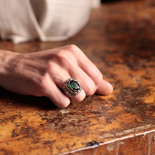 Alpha Rock Genuine Solid 925 Sterling Silver Ring for Men Accented with Bronze, Faceted Simulated Green Emerald Stone, Authentic Vintage Turkish Ottoman Style (Simulated Emerald, 6) - Image 3