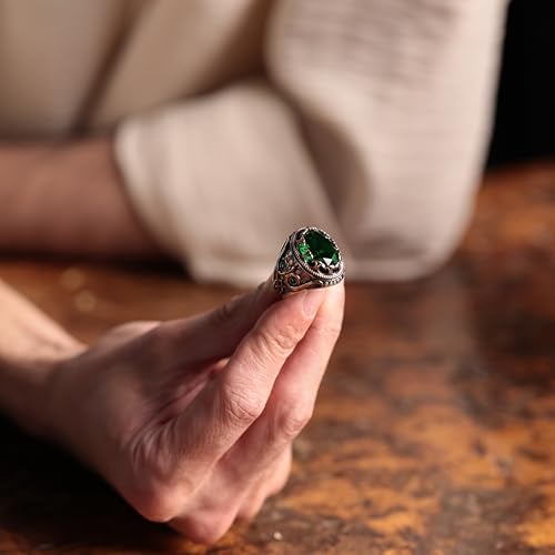 Alpha Rock Genuine Solid 925 Sterling Silver Ring for Men Accented with Bronze, Faceted Simulated Green Emerald Stone, Authentic Vintage Turkish Ottoman Style (Simulated Emerald, 6) - Image 2