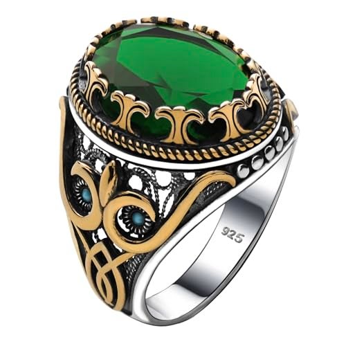 Alpha Rock Genuine Solid 925 Sterling Silver Ring for Men Accented with Bronze, Faceted Simulated Green Emerald Stone, Authentic Vintage Turkish Ottoman Style (Simulated Emerald, 6) - Image 1