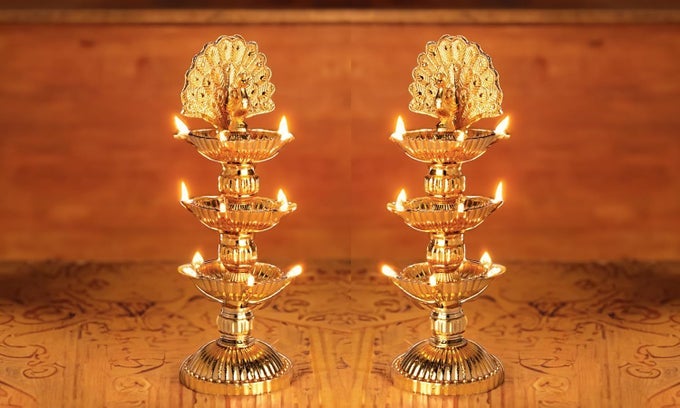 15 DEEP PEACOCK 3 LAYER ELECTRIC DIYA LIGHT FOR POOJA MANDIR HOME TEMPLE DECOR LED RICE LIGHT FOR DIWALI DUSSEHRA FESTIVE PEACOCK 15 DEEP PACK OF 2
