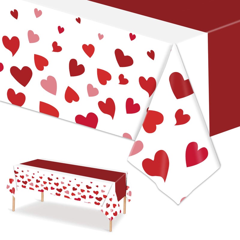 ORNALES Red Table Cloths Rectangle - 2 Pack Heart Pattern Valentine's Day Decoration Party, Disposable Plastic Tablecloth 54" x 108", Suitable for Valentine's Day Wedding Anniversary Party Decoration - Image 1