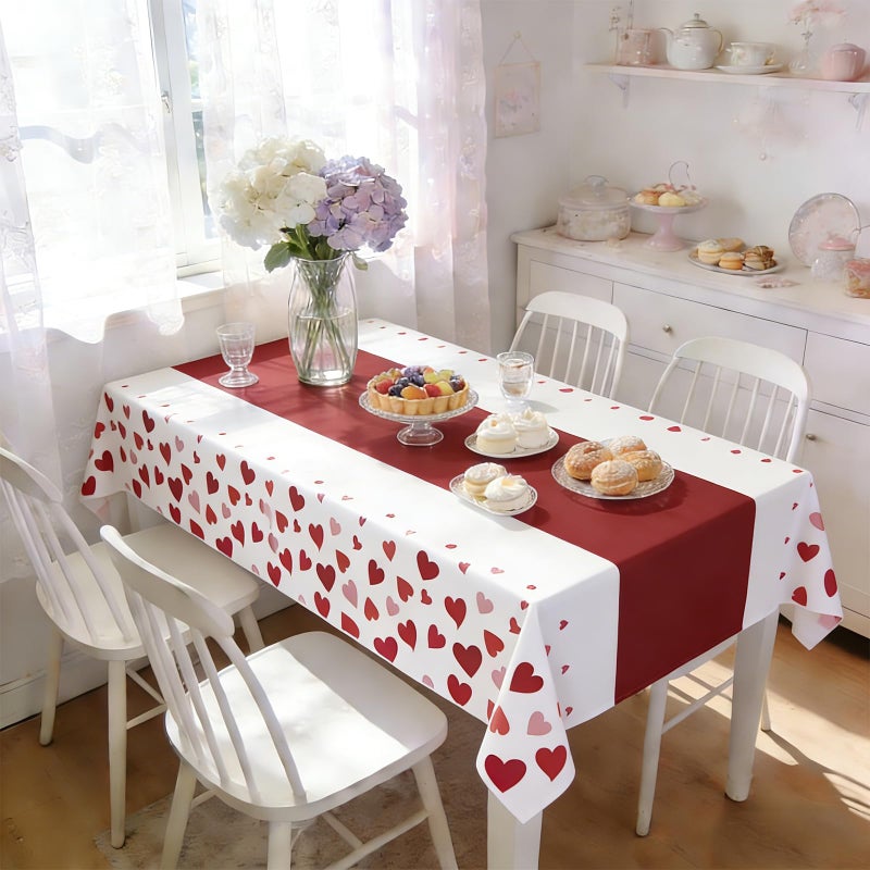 ORNALES Red Table Cloths Rectangle - 2 Pack Heart Pattern Valentine's Day Decoration Party, Disposable Plastic Tablecloth 54" x 108", Suitable for Valentine's Day Wedding Anniversary Party Decoration - Image 4
