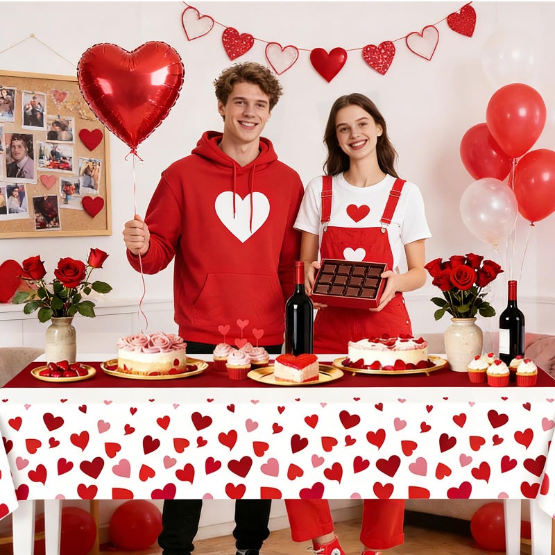 ORNALES Red Table Cloths Rectangle - 2 Pack Heart Pattern Valentine's Day Decoration Party, Disposable Plastic Tablecloth 54" x 108", Suitable for Valentine's Day Wedding Anniversary Party Decoration - Image 5