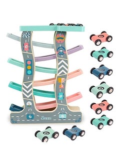 Wooden Race Track for Toddler Boys - Includes 8 Mini Cars