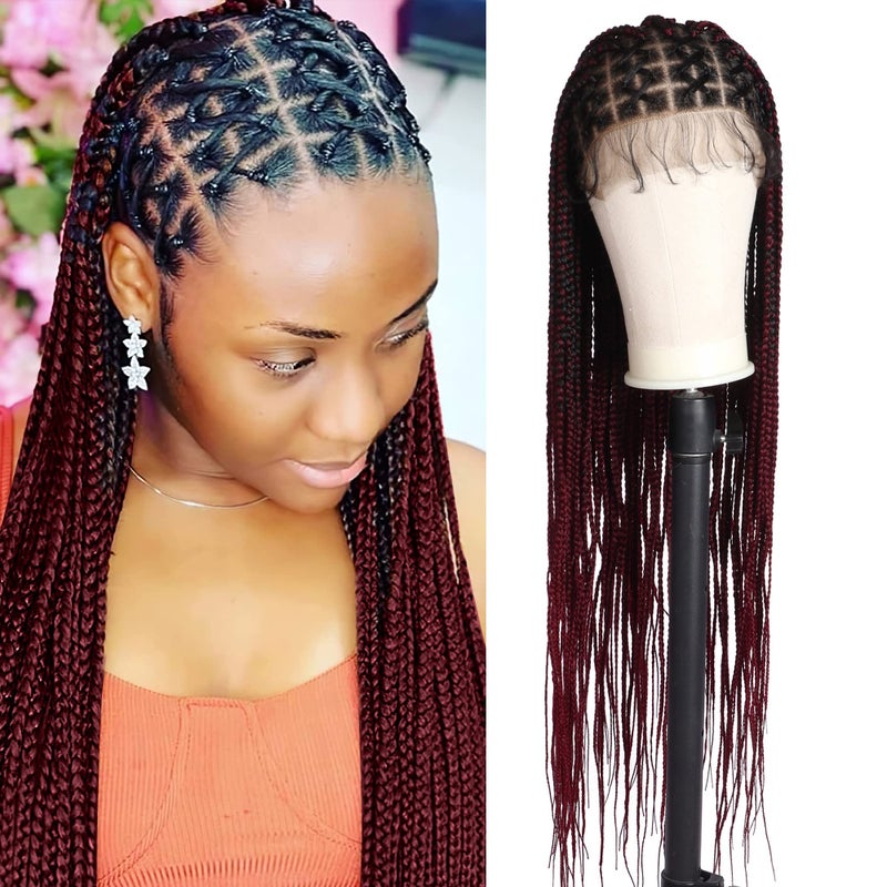 Alebery 36" Full Lace Criss Cross Knotless Box Braided Wigs for Black Women Knotless Box Braids Lace Front Wig with Baby Hair Lightweight Synthetic Burgundy Cornrow Braided Wigs (1B/BG) - Image 1