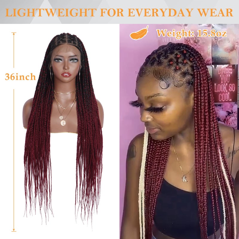 Alebery 36" Full Lace Criss Cross Knotless Box Braided Wigs for Black Women Knotless Box Braids Lace Front Wig with Baby Hair Lightweight Synthetic Burgundy Cornrow Braided Wigs (1B/BG) - Image 4