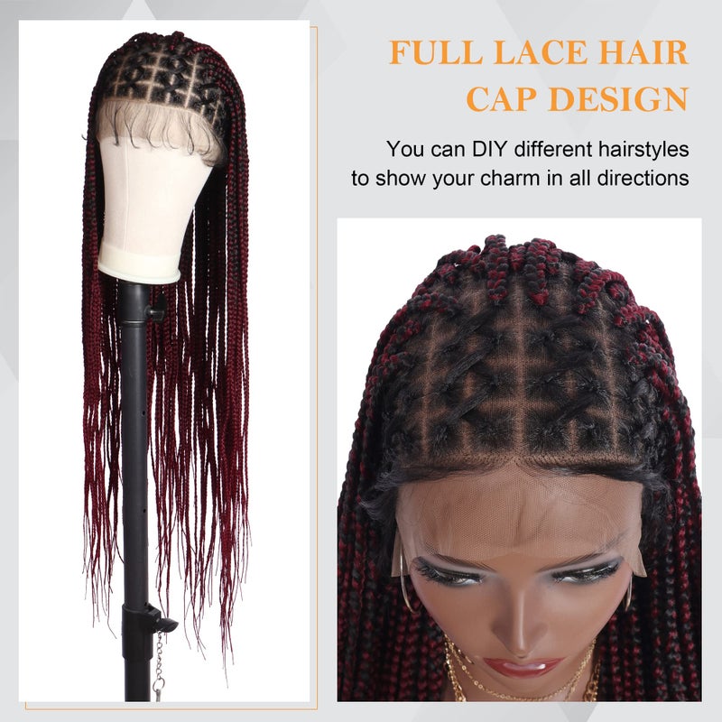 Alebery 36" Full Lace Criss Cross Knotless Box Braided Wigs for Black Women Knotless Box Braids Lace Front Wig with Baby Hair Lightweight Synthetic Burgundy Cornrow Braided Wigs (1B/BG) - Image 3