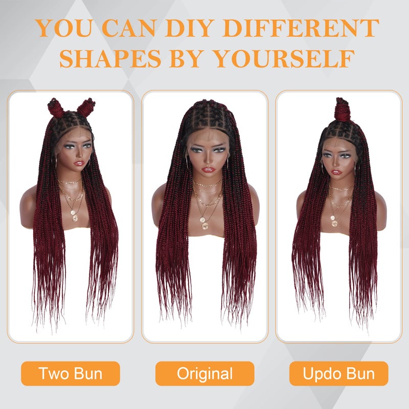 Alebery 36" Full Lace Criss Cross Knotless Box Braided Wigs for Black Women Knotless Box Braids Lace Front Wig with Baby Hair Lightweight Synthetic Burgundy Cornrow Braided Wigs (1B/BG) - Image 2