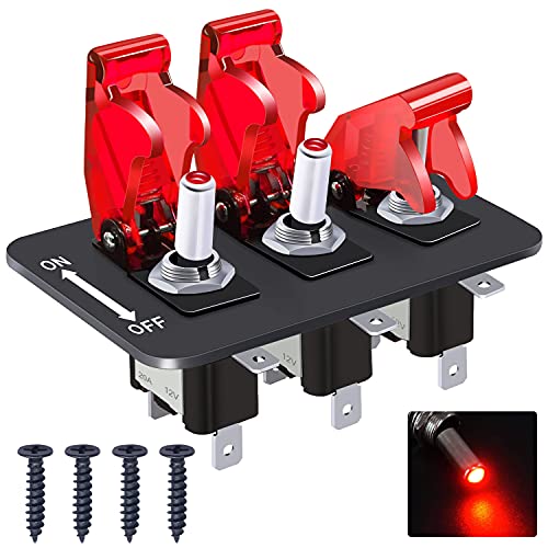 Twidec/3 Gang Rocker Toggle Switch Panel With 12V LED Light Toggle Switch 20A Heavy Duty Racing Car SPST 3Pin ON/OFF Red LED Illuminated Switch Plate And Red Waterproof Safety Cover ASW-07DRRMZ-BZ - Image 1