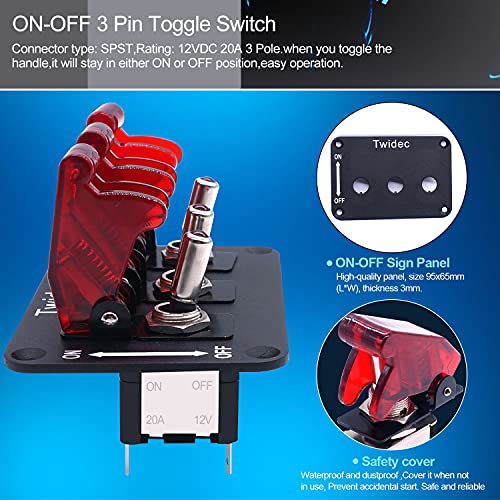 Twidec/3 Gang Rocker Toggle Switch Panel With 12V LED Light Toggle Switch 20A Heavy Duty Racing Car SPST 3Pin ON/OFF Red LED Illuminated Switch Plate And Red Waterproof Safety Cover ASW-07DRRMZ-BZ - Image 3